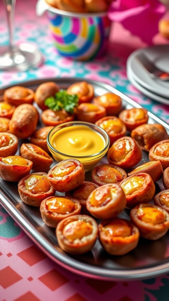 A vibrant platter of cheesy sausage bites with mustard, garnished with parsley.